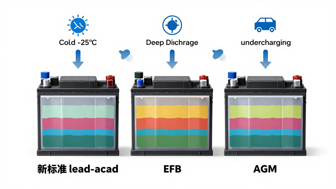 Сравнение трёх типов автомобильных аккумуляторов с внутренними структурами и факторами износа.