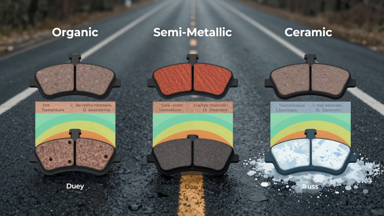 Сравнение трех типов тормозных колодок: органических, полуметаллических и керамических с их характеристиками.