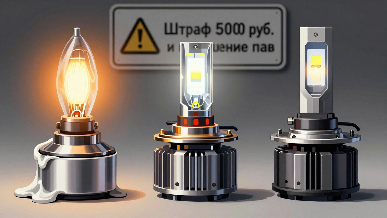Техническая иллюстрация трех типов ламп: галогенки, ксенона и светодиодов с нагревом, балластом и оптикой, на фоне предупреждения о штрафе.