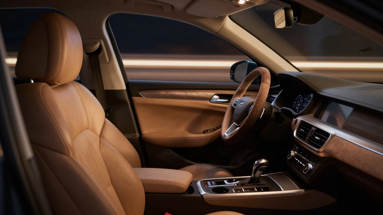 Внутренний вид салона автомобиля с подогреваемым рулём и обновлёнными сиденьями при ночном освещении.