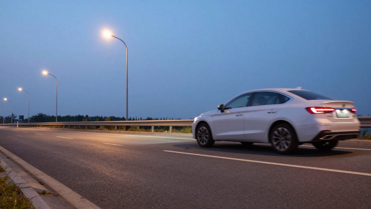 Автомобиль плавно тормозит на дороге в сумерках