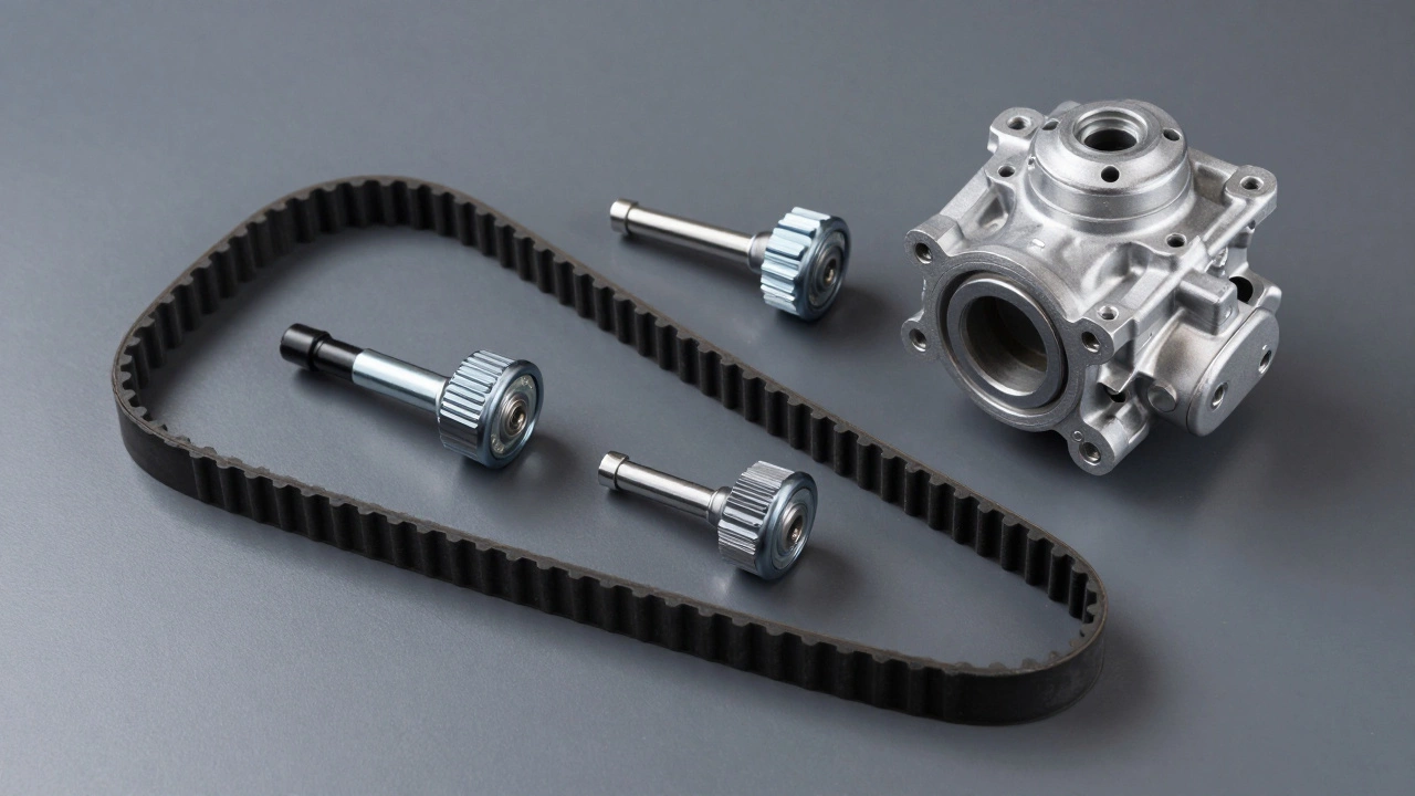 Комплект ГРМ: новый ремень, ролики и водяной насос на столе