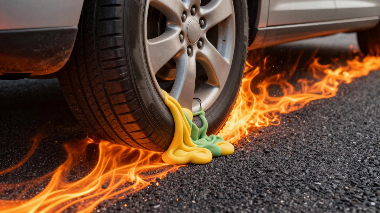 Концептуальное изображение плавящейся от жары резины на раскаленной дороге