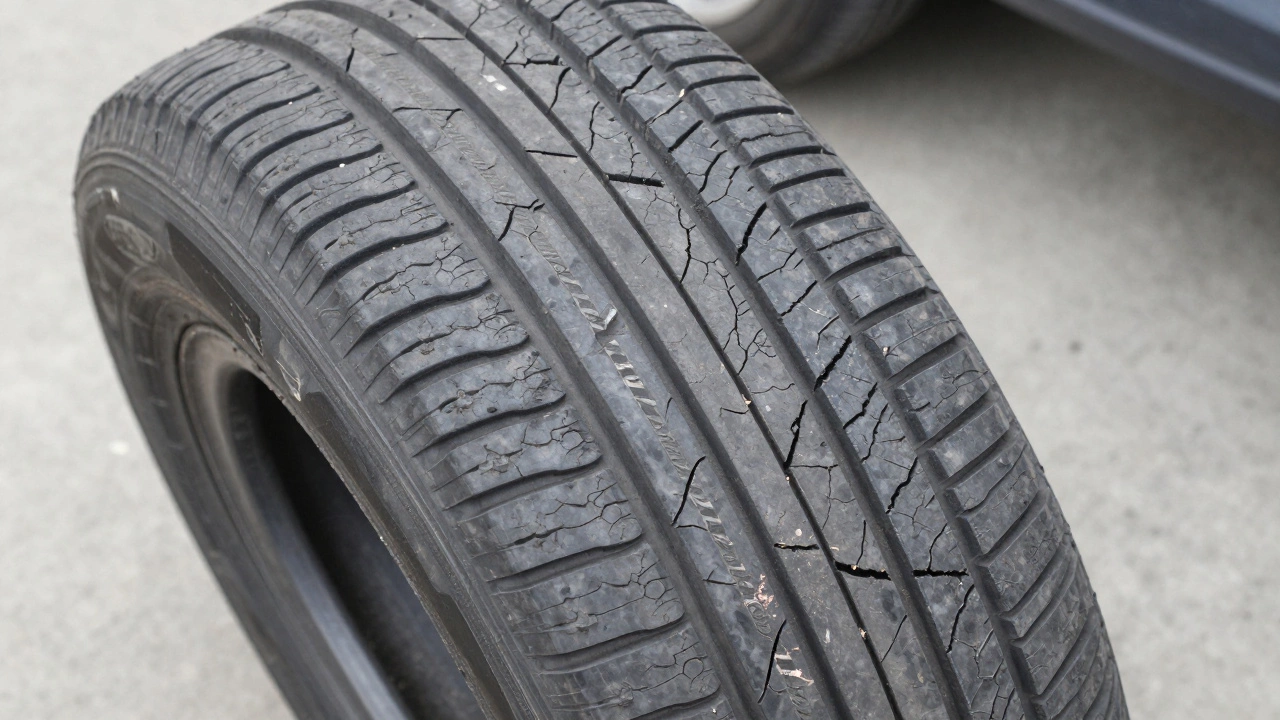 Крупный план старой шины с микротрещинами на протекторе