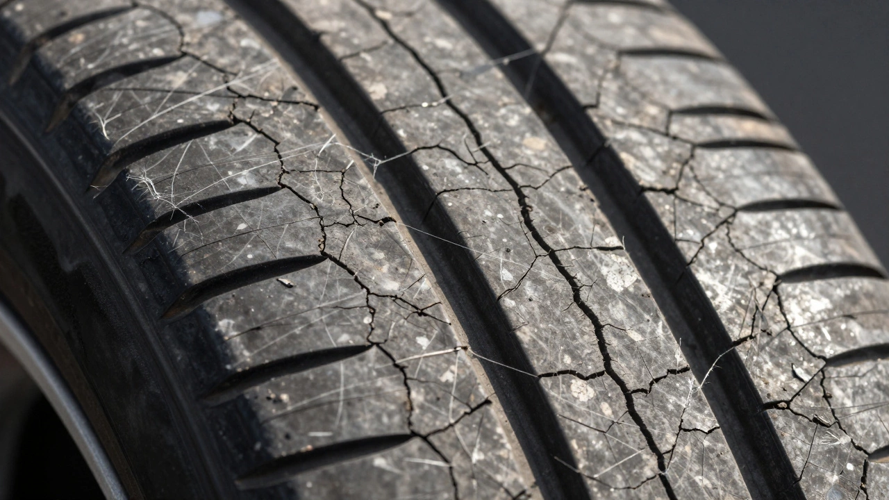 Макроснимок микротрещин на боковине старой резины