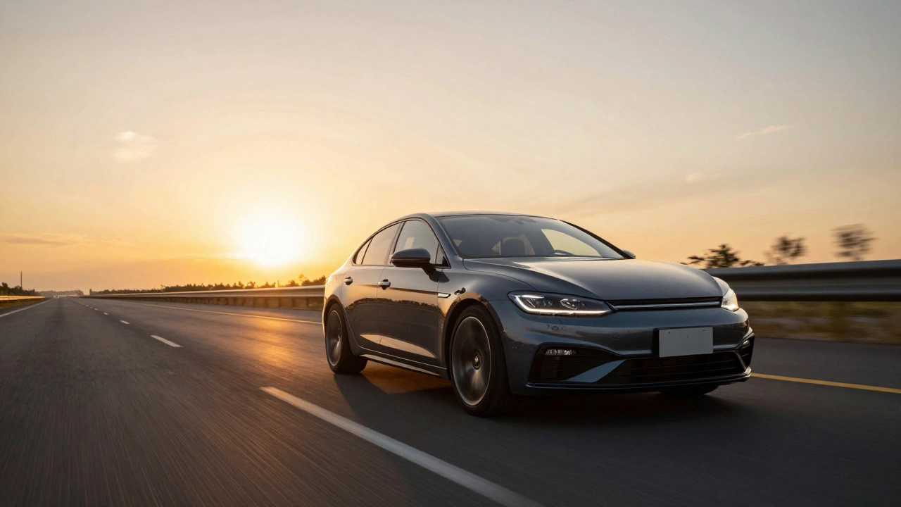 Машина едет по открытой скоростной трассе на закате