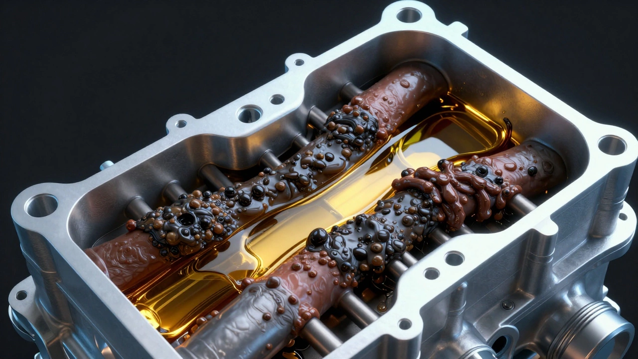 Схематичное изображение масляных каналов двигателя, забитых шламом