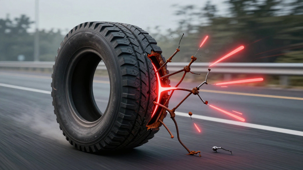 Схематичное изображение разрыва корда в старой покрышке на скорости