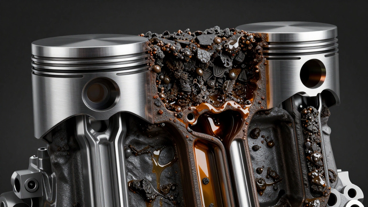 Схематичный разрез двигателя с нагаром на поршневых кольцах