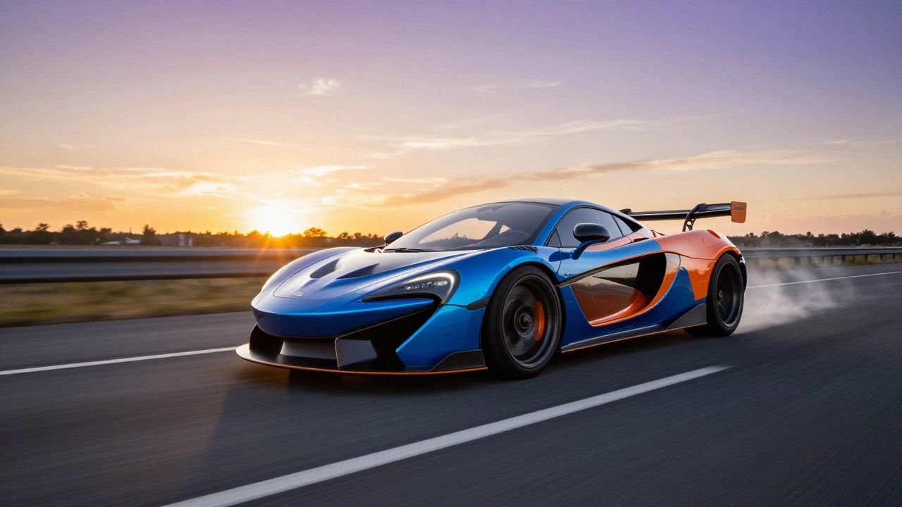 Спортивный автомобиль с обвесом, едущий на высокой скорости по шоссе