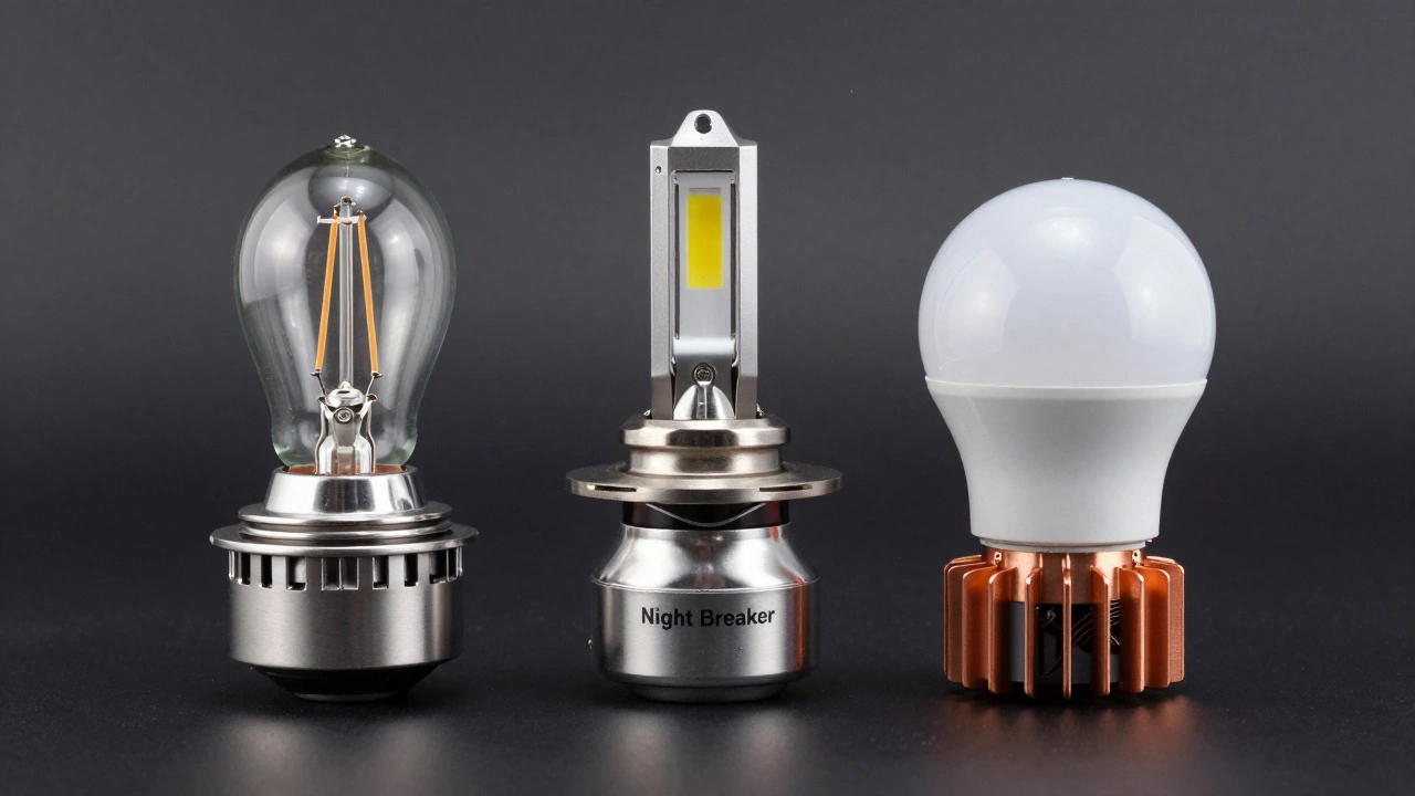 Сравнение галогенных и светодиодных ламп H7 на темном фоне
