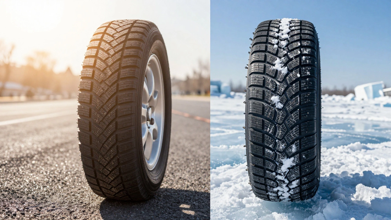 Сравнение протектора летней шины на жаре и зимней на снегу и льду