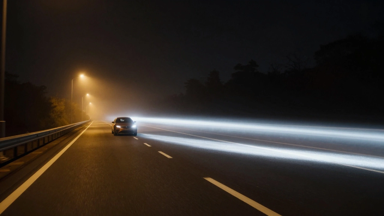 Сравнение теплого желтого и холодного белого света фар на ночном шоссе