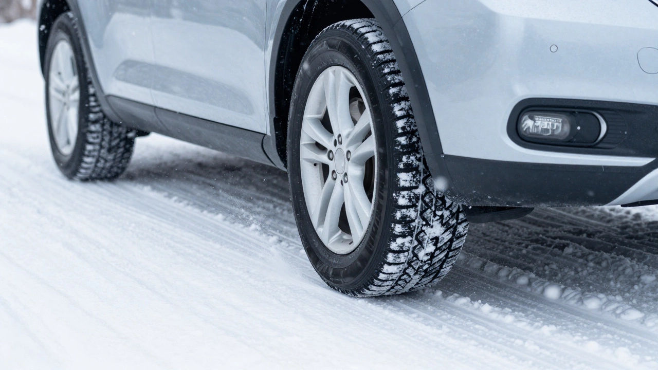 Автомобиль с зимними шинами Hankook уверенно едет по заснеженной дороге