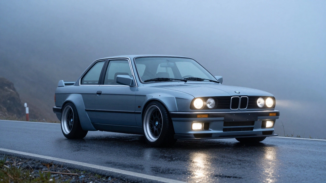 Классический BMW E30 на горной дороге в утреннем тумане
