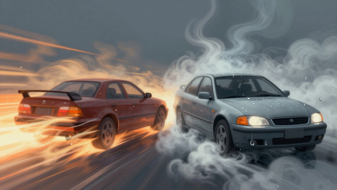 Illustration comparing moisture evaporation in moving vs stationary cars