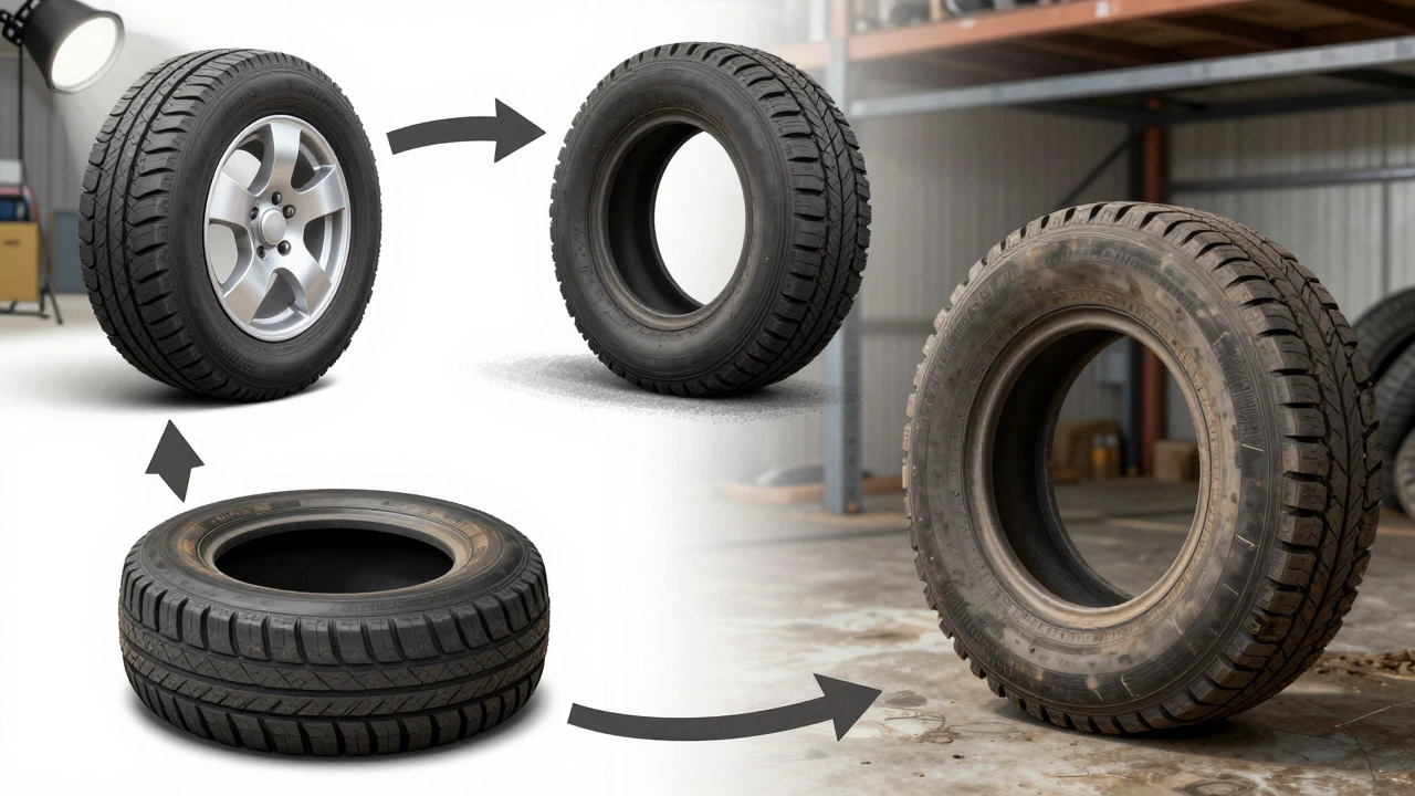Illustration depicting the four stages of tire wear from new to old