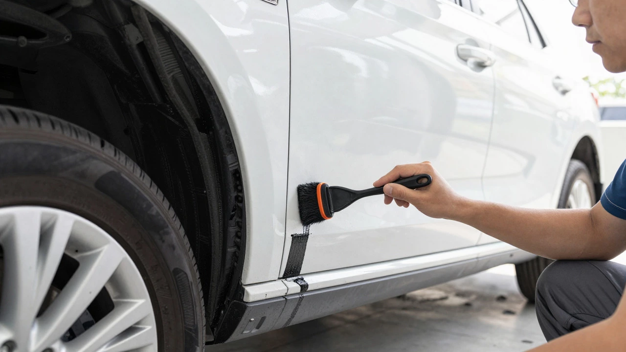Mechanic applying anti-corrosion treatment to a car's underbody