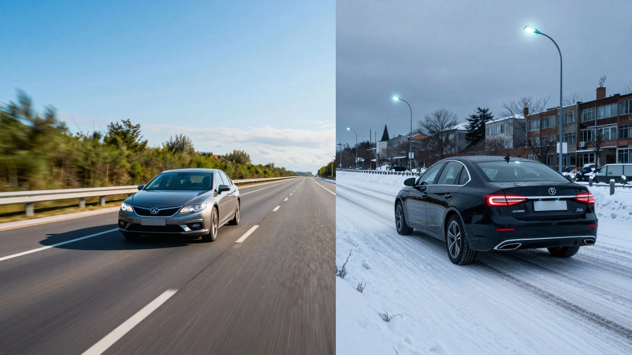 Split image comparing a car driving on a sunny highway versus a snowy street at night