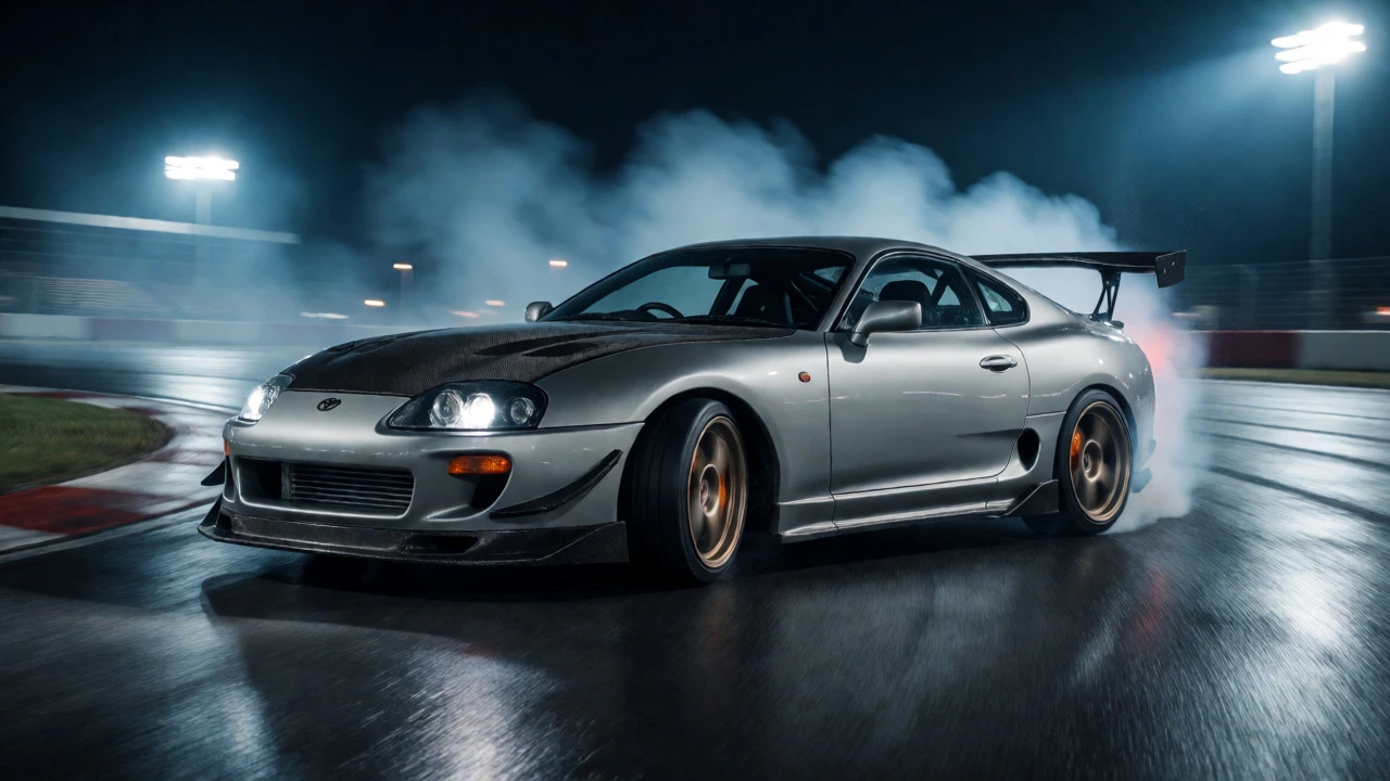 Дрейфующий Toyota Supra в стиле Time Attack на мокрой трассе ночью