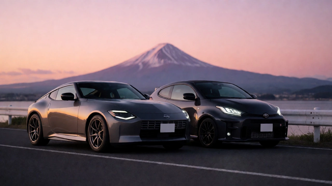 Современные JDM модели Nissan Z и Toyota GR Yaris на закате у подножия Фудзи